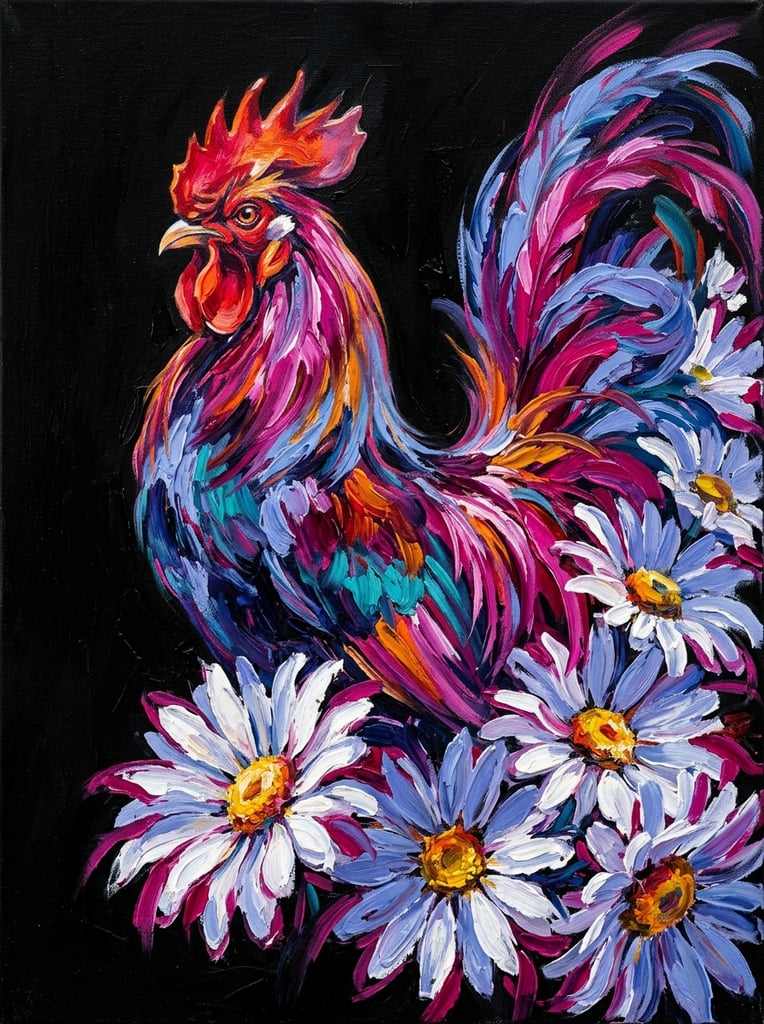 Expressive painting of a rooster blended with large daisies, vibrant magenta and periwinkle blue plumage, sweeping brushstrokes, stark black background