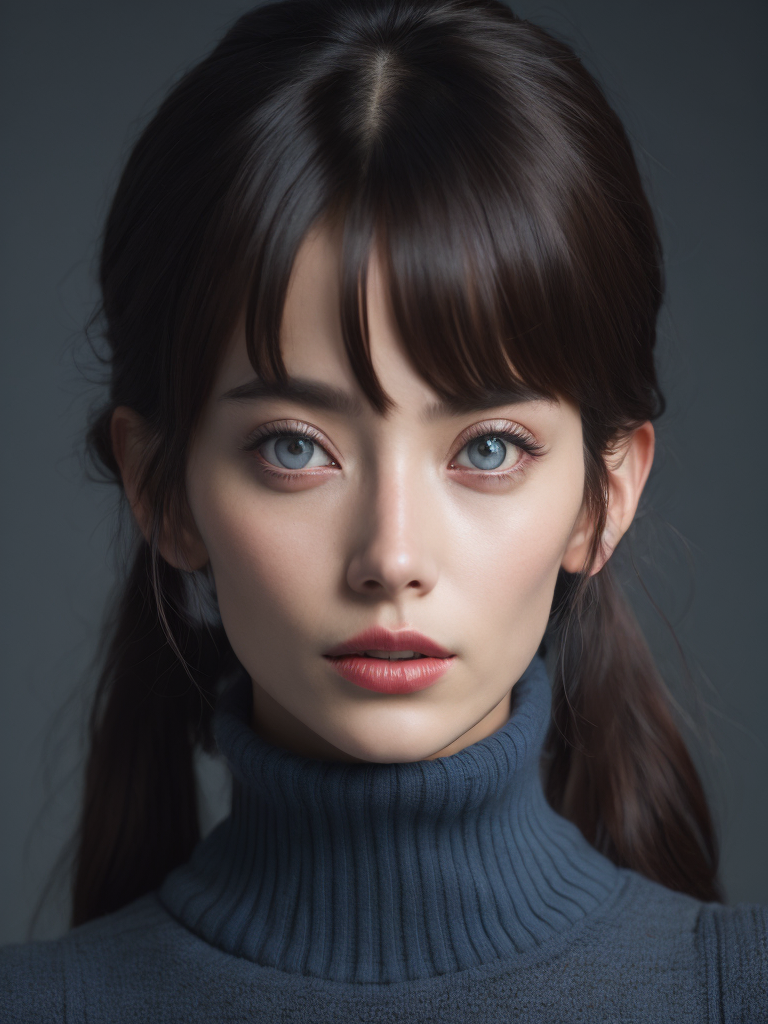 1girl, tohsaka rin, solo, long hair, sweater, red sweater, looking at viewer, blue background, black hair, simple background, two side up, turtleneck, blue eyes, lips, closed mouth, ribbon, hair ribbon, bangs, turtleneck sweater, upper body, parted bangs, black ribbon, ribbed sweater, twintails, nose,