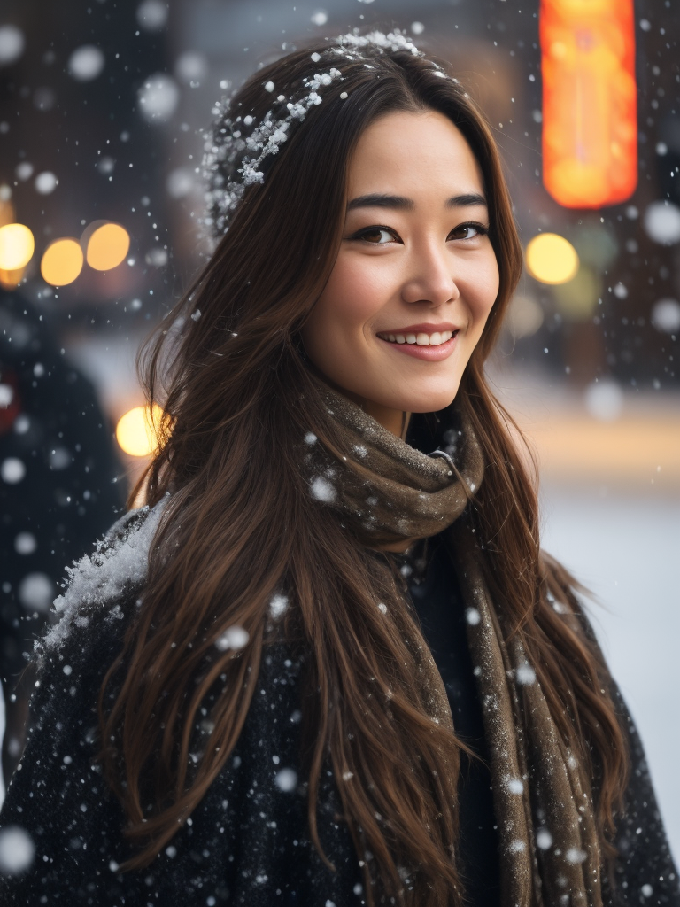 a beautiful and attractive gril walking on the street of Beijing, surround by people, portrait,night,winter,(((snowing:1.4))),(((snow on hair:1.4))),cold,forground, godess, long brown hair, pale skin, messy hair, natrual skin,skin texture,fair skin, looking at viewer, light smile, photo realistic, RAW phto, 8k, ultra detail, Photograph captured using a Canon 6D Mark II with an 16mm lens at f 11 and ISO 100 ::3 , award - winning photograph, sharp focus, soft lighting, natrual lighting,