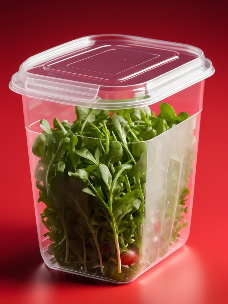 blank Transparent Plastic Container with Arugula Salad, isolated, red background, Mockup, mock up