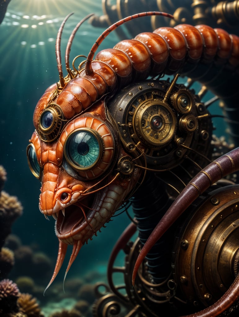 image beautiful steampunk unique artwork fantasy, steampunk style deep sea shrimp (Sergestes similis), skilled steampunk craftsmanship, isolate, deep ocean dark setting,