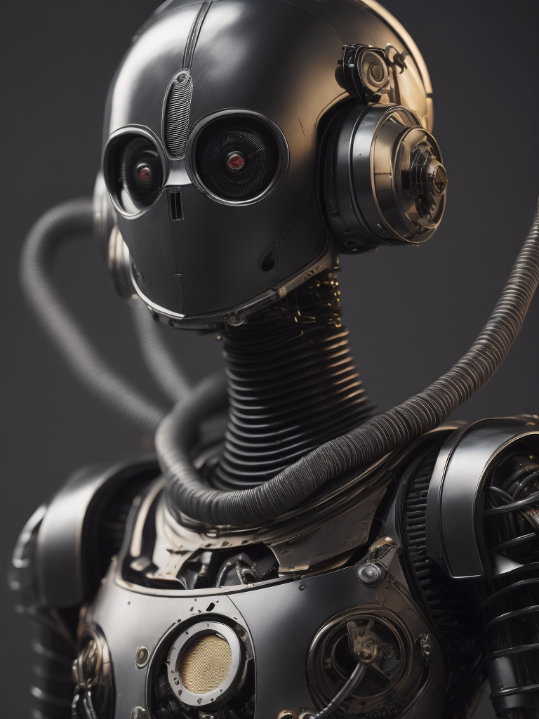 K-2SO, in the style of mechanical realism, iconic album covers, pencilsteampunk, angelcore, detailed facial features, chrome-plated, undefined anatomy