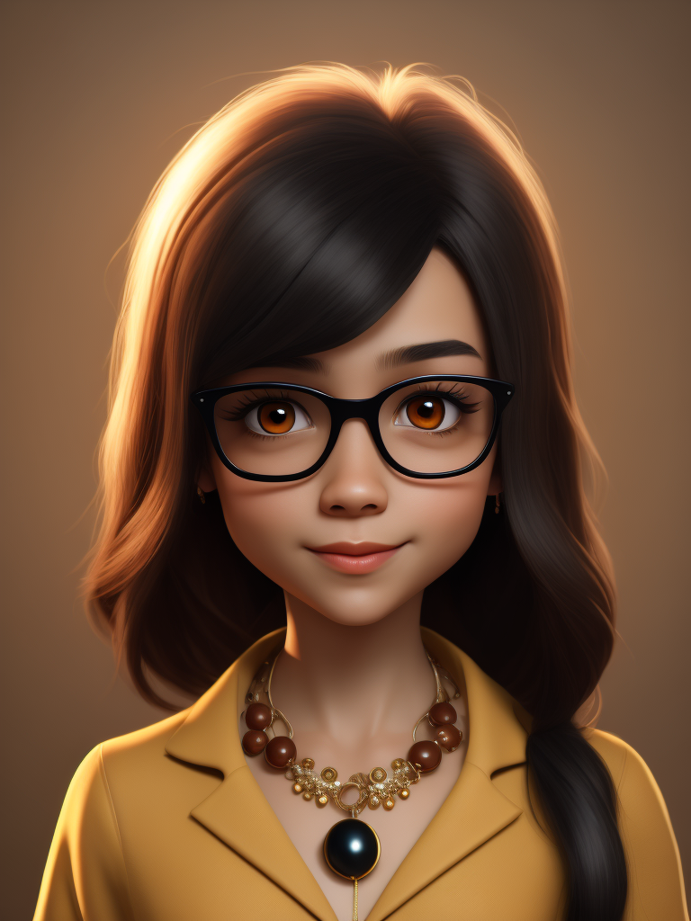 Girl, black hair, Brown eyes, glasses and necklace, Full body, standing centered, Pixar style, 3d style, disney style, 8k, Beautiful, Pixar style girl with black hair brown eyes glasses and necklace