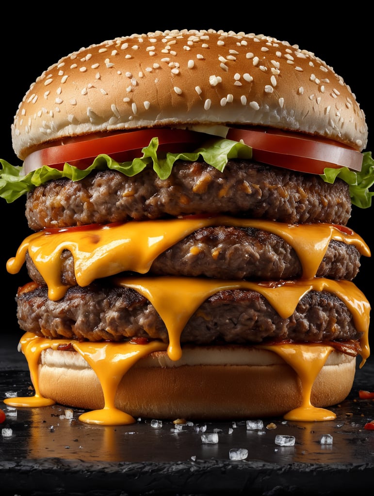 appetizing burger with leaking cheese on black background