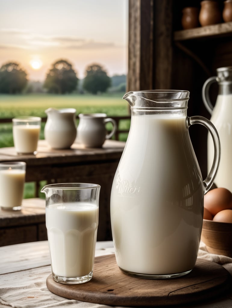 A mockup of a jug of milk, early morning, farm blurred background