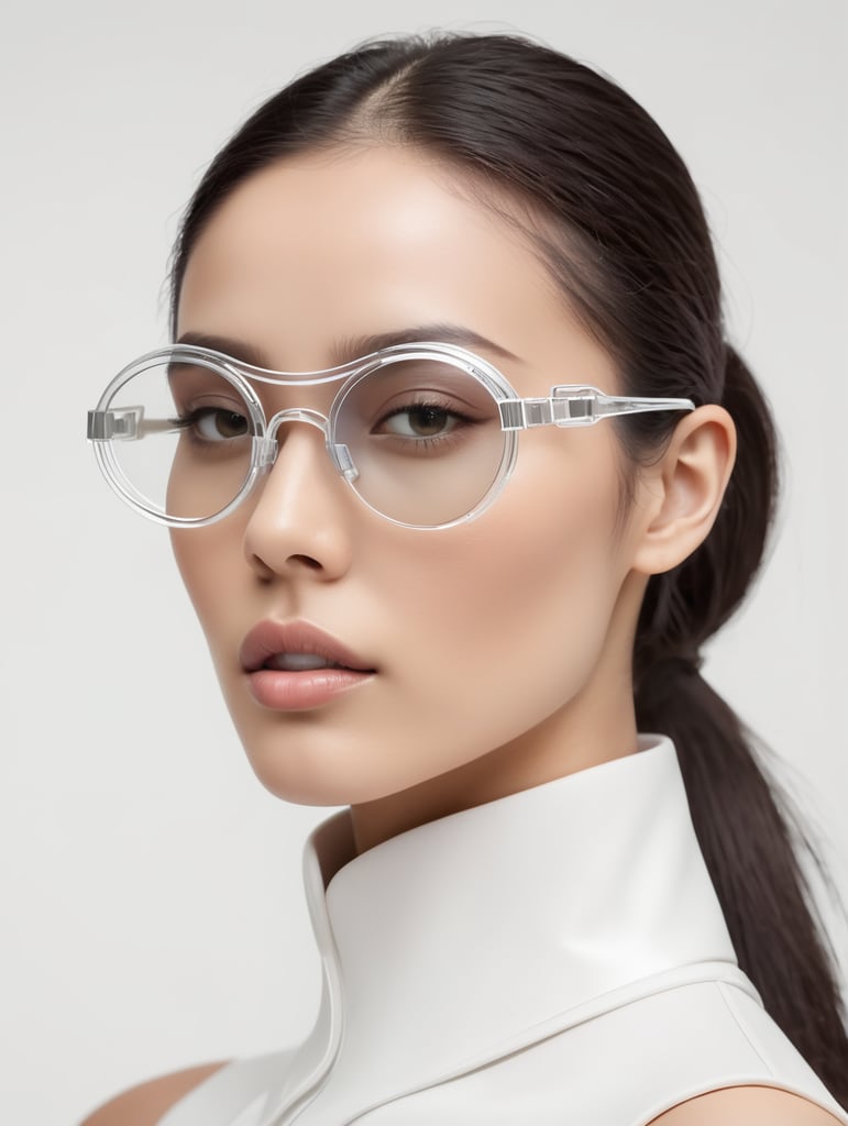 a women model wearing futuristic thin transparent monoglasses, white background