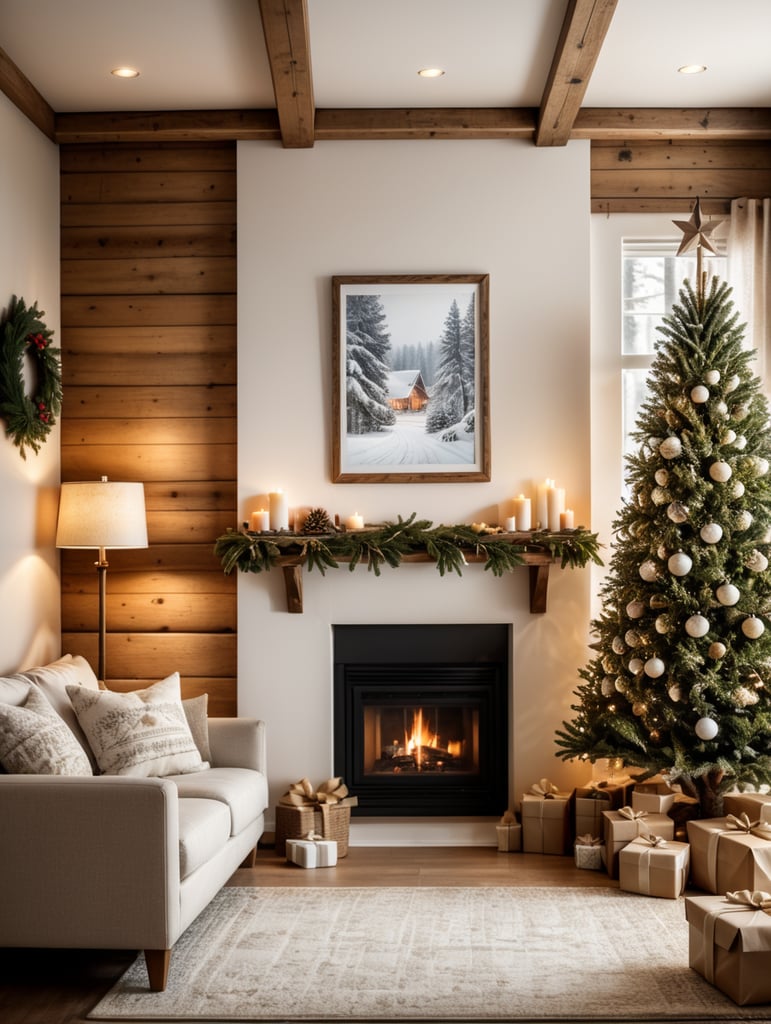 vertical picture wall mockup, natural christmas, cozy log cabin, neutral colors, prints under tree wrapped in white paper