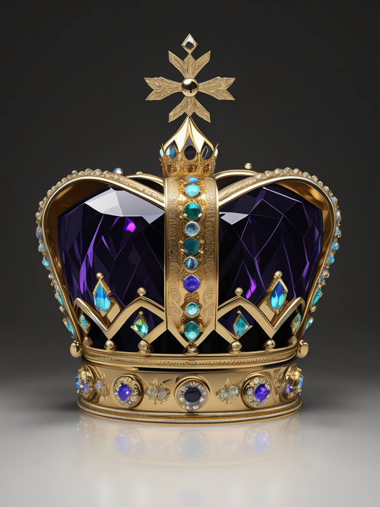 St. Edward’s Gold Crown adorned with gems, Black gradient background, Incredibly high detail, deep & bright colors, contrast light