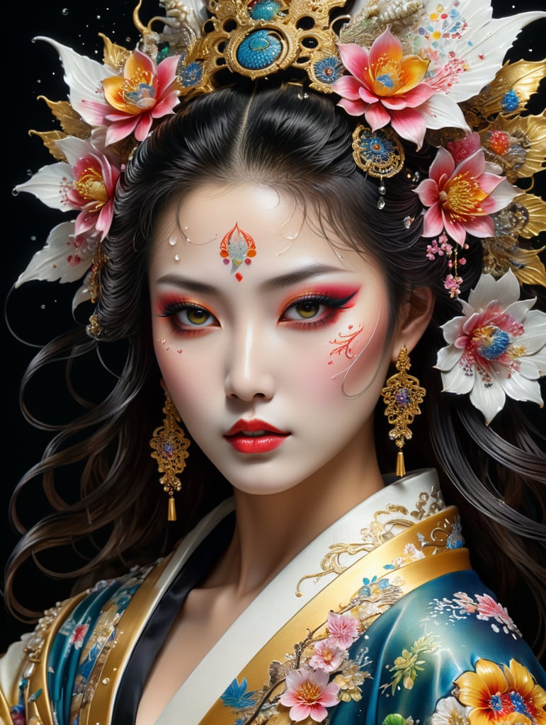 Kabuki Makeup. stunningly beautiful Japanese geisha covered in tiny flowers, waterdrops, filigree, highly detailed, intricately embellished white dragon kimono, colorful fantasy, Josephine Wall, elegant detailed fantasy, digital art, 32k, octane, splash of color, multicolored, intricately detailed fluid gouache painting, Jean Baptiste Mongue, ink flow, calligraphy acrylic chinese ink color art, gold, hyper realistic, oil painting, cyberpunk, long hair, hyper realistic, large beautiful eyes, long eyelashes