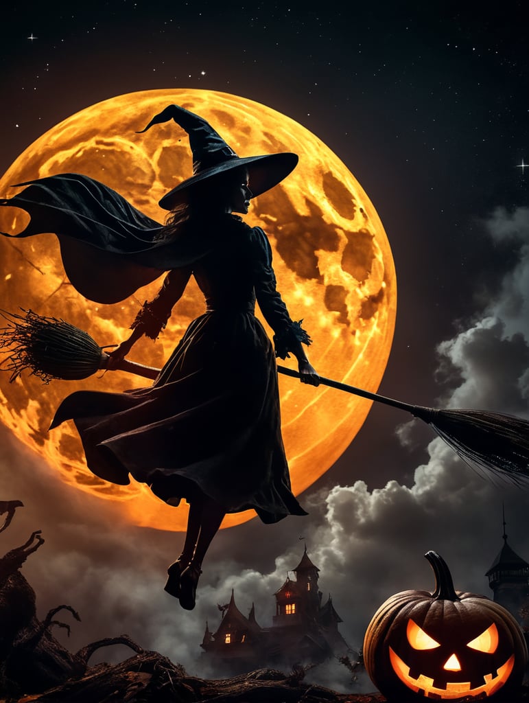 cene of pumpkins for Halloween, dramatic lighting at night, around the pumpkin, but in the night sky the silhouette of a witch flying on a broomstick, a bloody moon with the correct structure and stars. Depth of field.