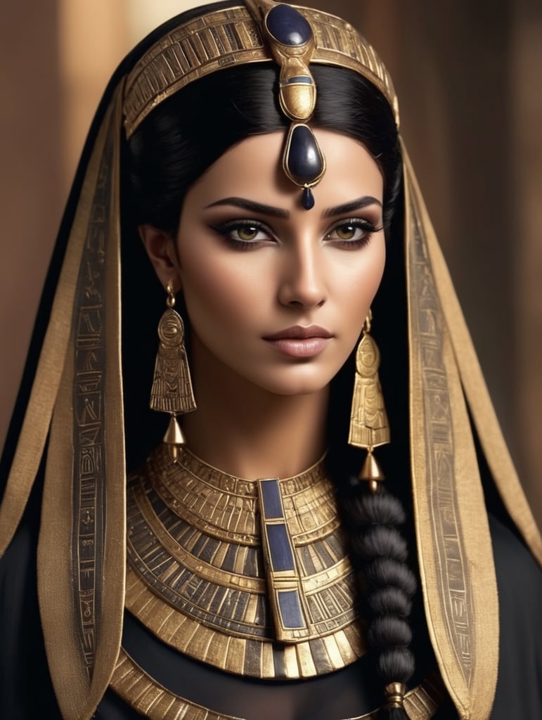 beautiful ancient egyptian queen, dark hair, dark cloth, head accessories