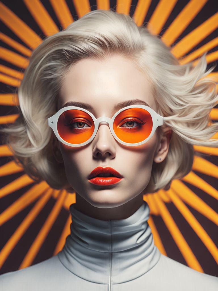 Pale-skinned girl model, wearing a high-necked dress, contrast lighting, white sunglasses with red-orange lenses, red lips, blonde hair in a bob style, dark background with orange-red rays, fashion model, magazine cover, professional shot,