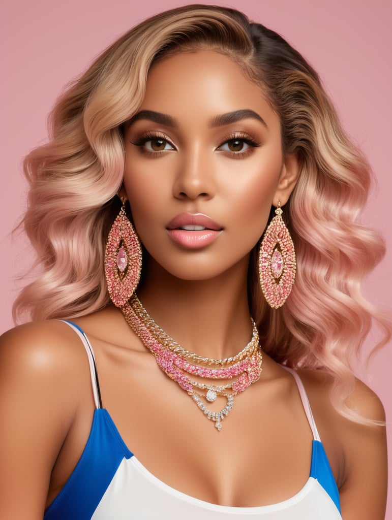 A captivating high-definition glamour shot of a 23-year-old brown-skinned woman exuding confidence and elegance. Her long, lustrous blond beach curls hair extensions cascade down her back, framing her radiant face. Dramatic false lashes accentuate her eyes, drawing attention to her striking gaze. Plump, luscious lips enhanced with expertly applied fillers add to her allure. She gracefully dons a trendy,two piece outfit tennis skirt with tank top and white tube socks with tennis shoes, complementing her outfit and exuding sophistication. The dreamy, pink soft background is adorned with glamorous, opulent elements, celebrating the beauty of black women, with big bracelets, blue, yellow, and pink, some blue hoop earrings with a Cuban link diamond crusted necklace