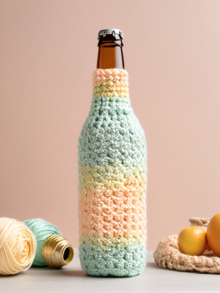 crochet beer bottle cute pastel colours, mockup, mock up