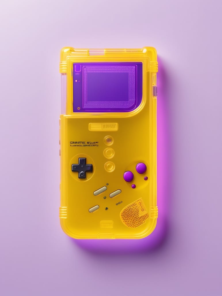 3d render retro tiny cute yellow game boy translucent plastic case, neon light, purple background