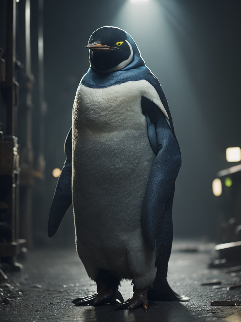 Image of an emperor penguin wearing a welding hood beer in a steel mill