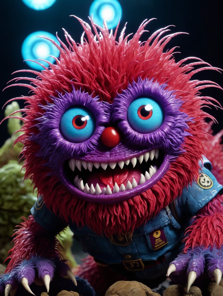 Cgi! red germ monster character, highly detailed, scary but charming, gremlin, tribbles, minions, stop motion! purple and blue lighting!