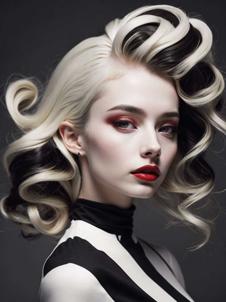 Pale-skinned girl model, wearing a black and white striped dress with a high collar, contrast lighting, Bright red make-up, Black and white curly long hair, dark background, fashion model, magazine cover, professional shot,