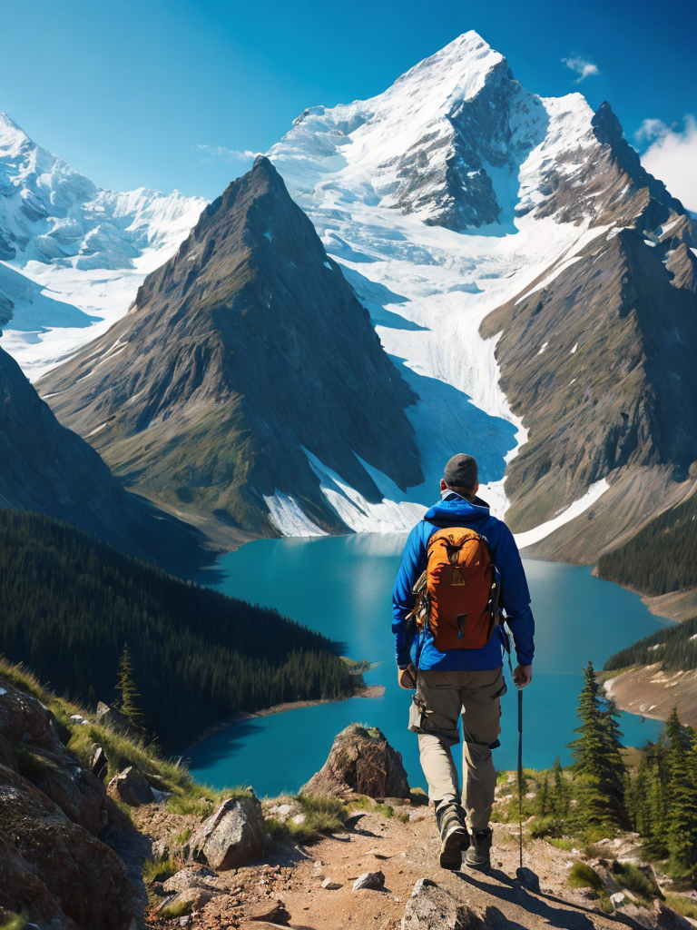 Man hiking in a mountain, brilliant blue sky, serene, peaceful, majestic, high detail, landscape, ultra hd, matte painting, highly detailed, concept art, contrast light, deep colors