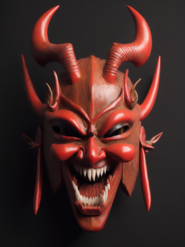 wooden red japanese demon mask with fangs and horns, black background, aggressive, Depth of field, Incredibly high detail