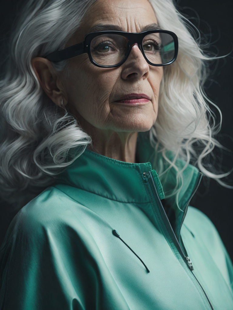 a gnome from fairytale supermodel 76 years old wearing a neon green helmet dressed in athletic clothing and glasses, in the style of futuristic glam, retro futurism, neon green clothing, glasses without color, clear glass, long white hair, teal background, mike campau, anton fadeev, high gloss, mono-ha