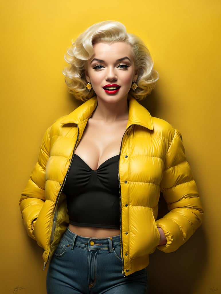 photo happy marilyn monroe going to travel, cute woman, dressed yellow inflatable shiny latex puffer jacket, yellow background, harpers bizarre, cover, headshot, hyper realistic, vibrant colors