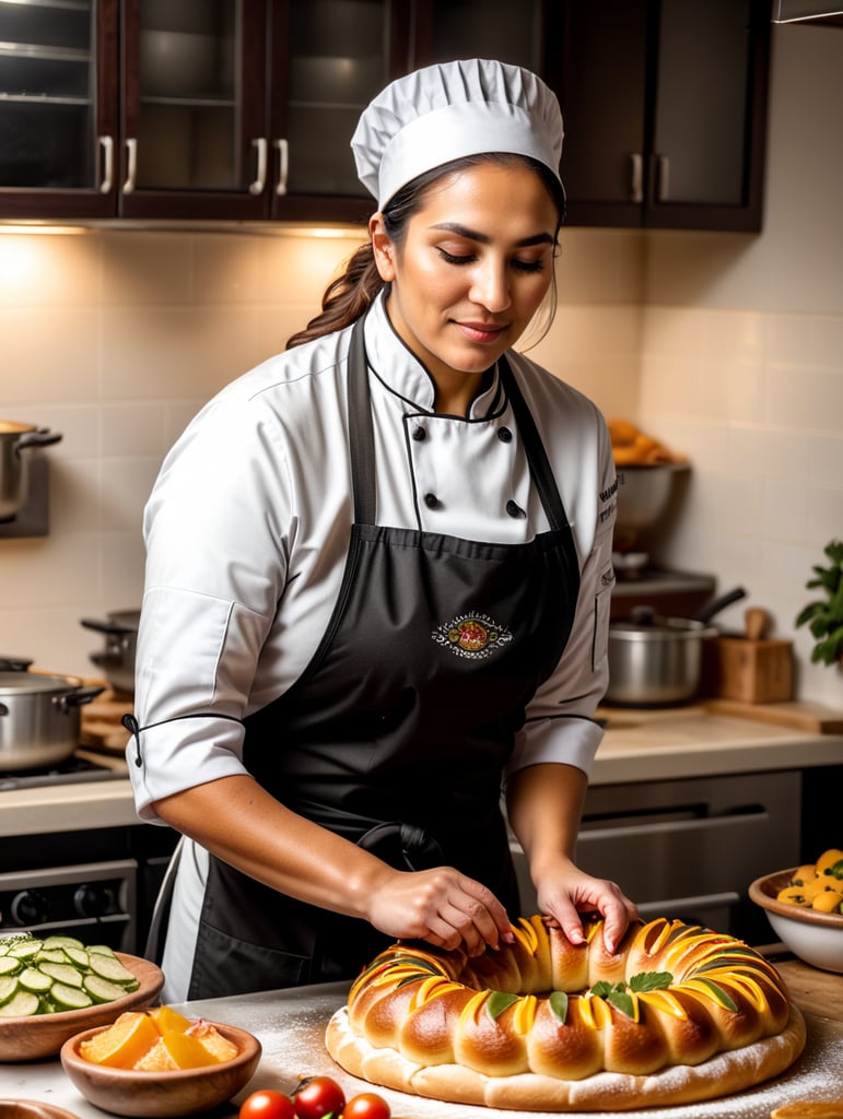 chef femenina elaborando una tradicional rosca de reyes tradición mexicana en una cocina
