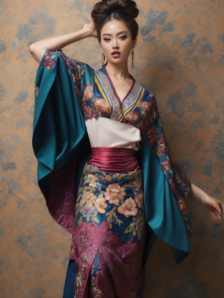 full body pose of a woman in a colorful, intricate, floral kimono, jewel tones, vibrant colors, action pose, details on sleeves and skirt, glamour pose, hyper-realist style :: hyper detailed, 8k, exquisite detail