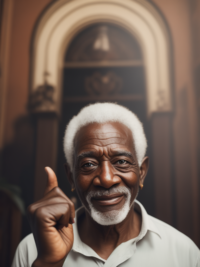 Abuelo con tez morena celebrando feliz en una habitación blanca iluminada.