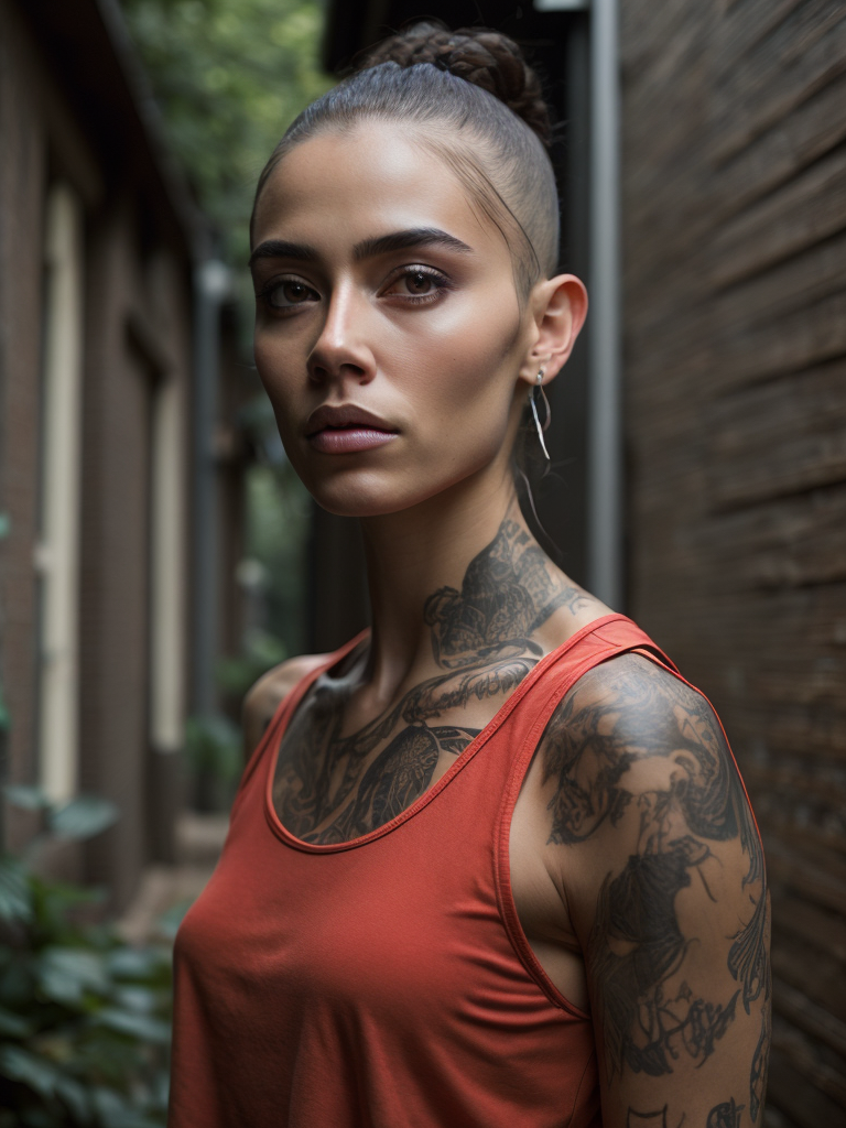 beautiful indigenous teen girl, buzz cut, tattoos, gang member, sleeveless red shirt,in an alley