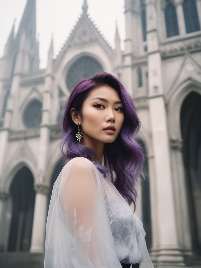 portrait of beautiful asian fashion model with vibrant purple hair, ethereal dreamy foggy, photoshoot by Annie Leibovitz, editorial Fashion Magazine photoshoot, fashion poses, in front of gothic cathedral architecture. Kinfolk Magazine. Film Grain. a soft smile