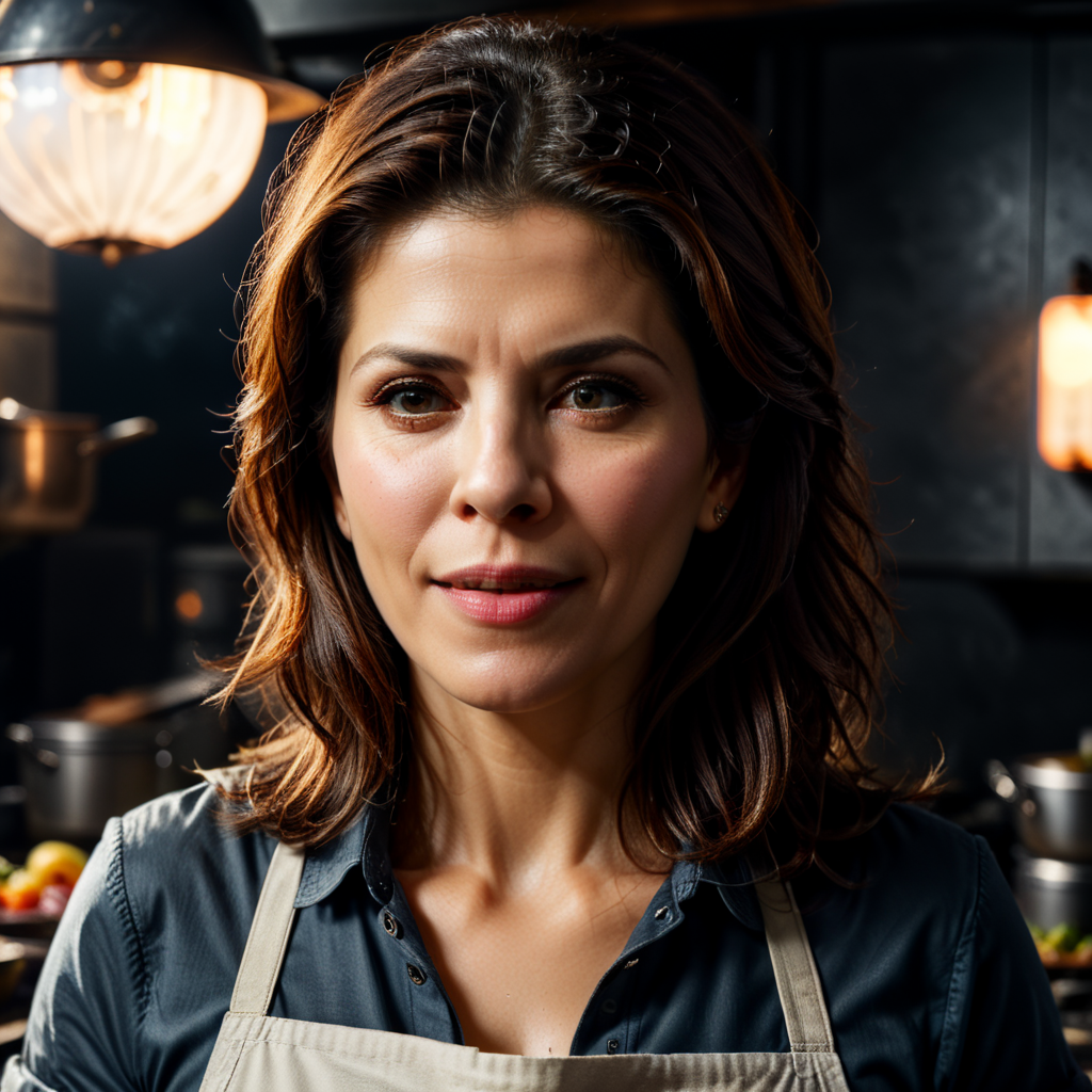 Marisa tomei with loving and happy expression cooking. She is looking to the camera. She is in Spiderman aunt's may kitchen holding dinner.