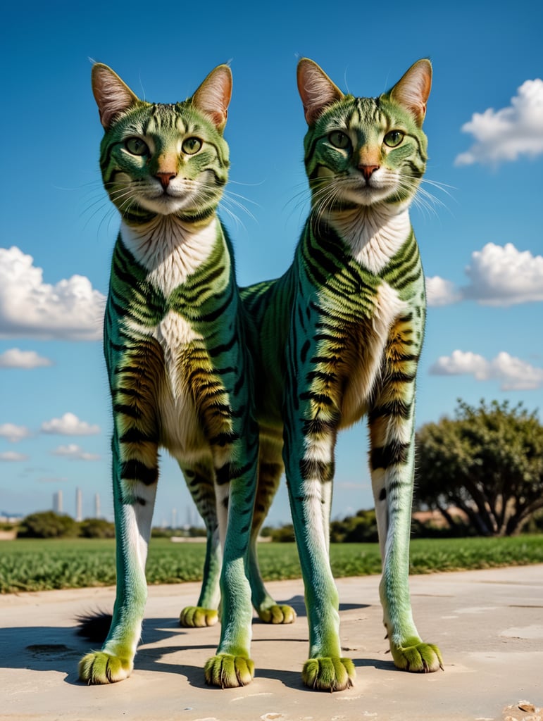 Green cats with very long, thin legs. Painted in the style of Salvador Dali. Blue sky.