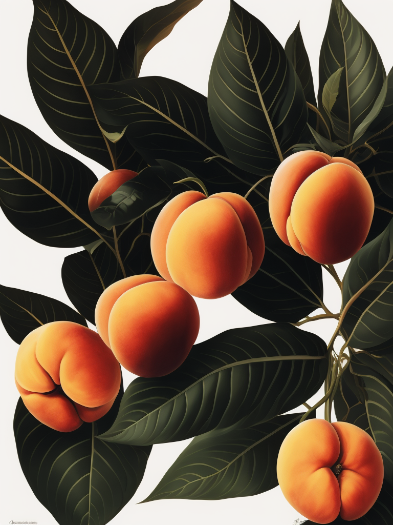 Peaches With Leaves, Flat, Tamara Lempicka, White Background, Art Deco, Photoillustration