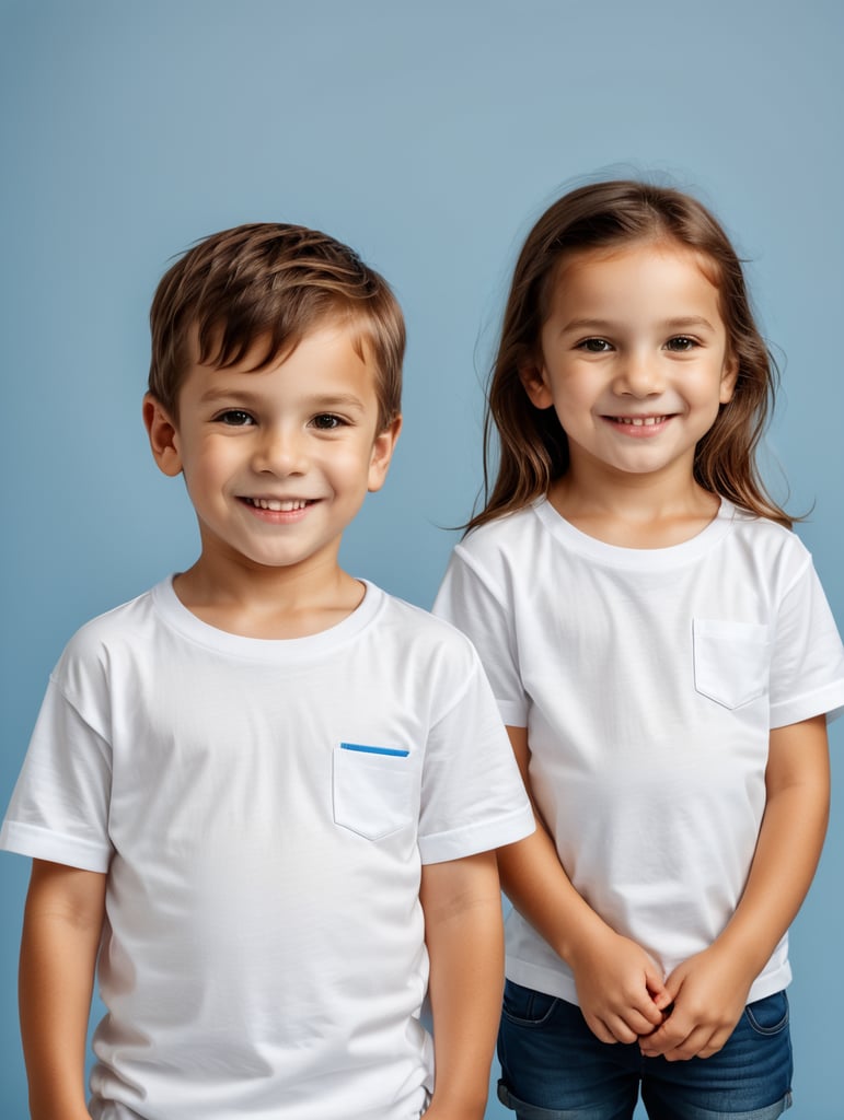 a Little boy and girl wearing white t-shirts, standing in front of blue background, blank shirts no print, 9 years old smiling toddlers, photo for apparel mock-up