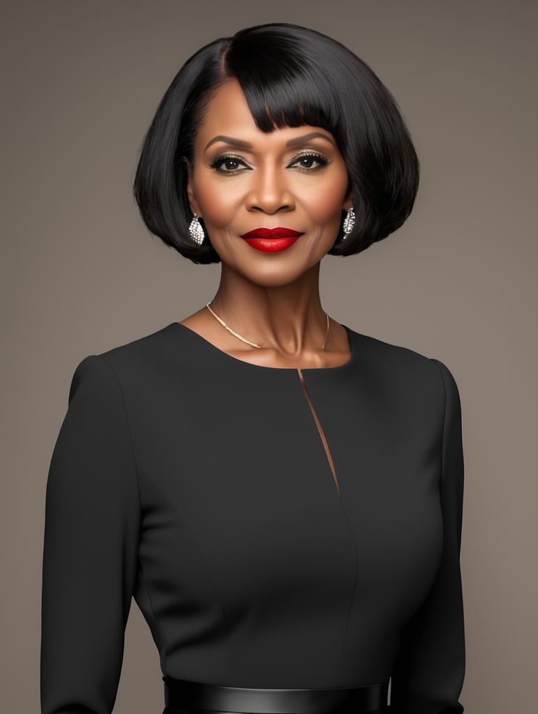 red lips older black woman, tall slender, full body, black dress, short black bob hair, business background