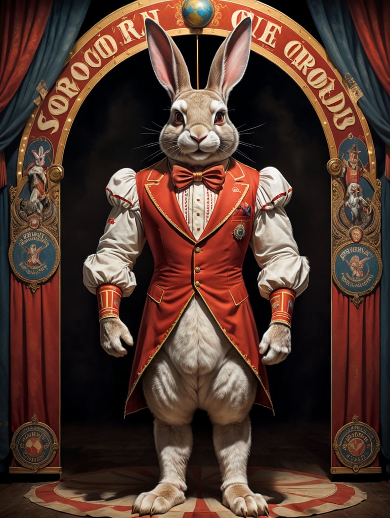 Vintage style circus sideshow poster of a full body anthropomorphic rabbit with the world’s longest ears