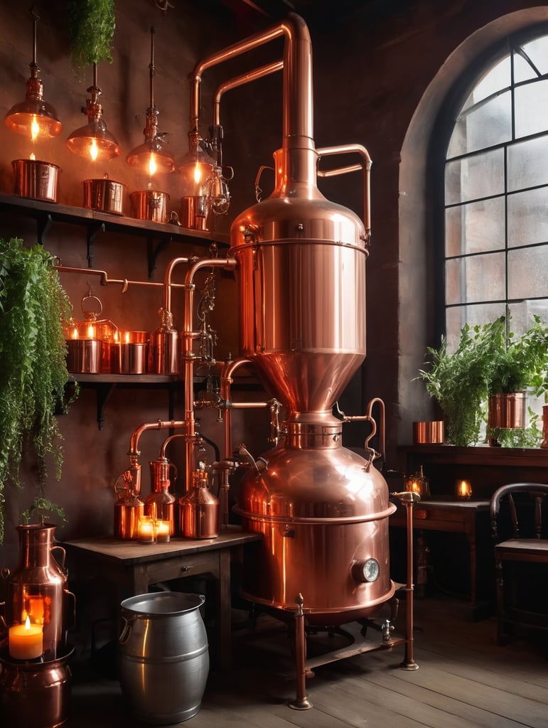 Close-up of a Copper distillation unit alembic, candles on the walls, Dim antique room for whiskey production, herbs and hops, old master sitting on a chair