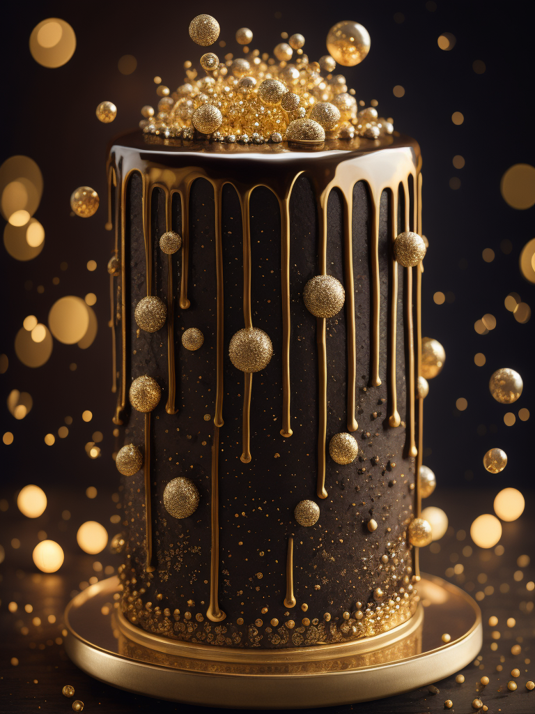 A cake inspired by sparkling golden, bubbly, boisterous, with gold decorations.