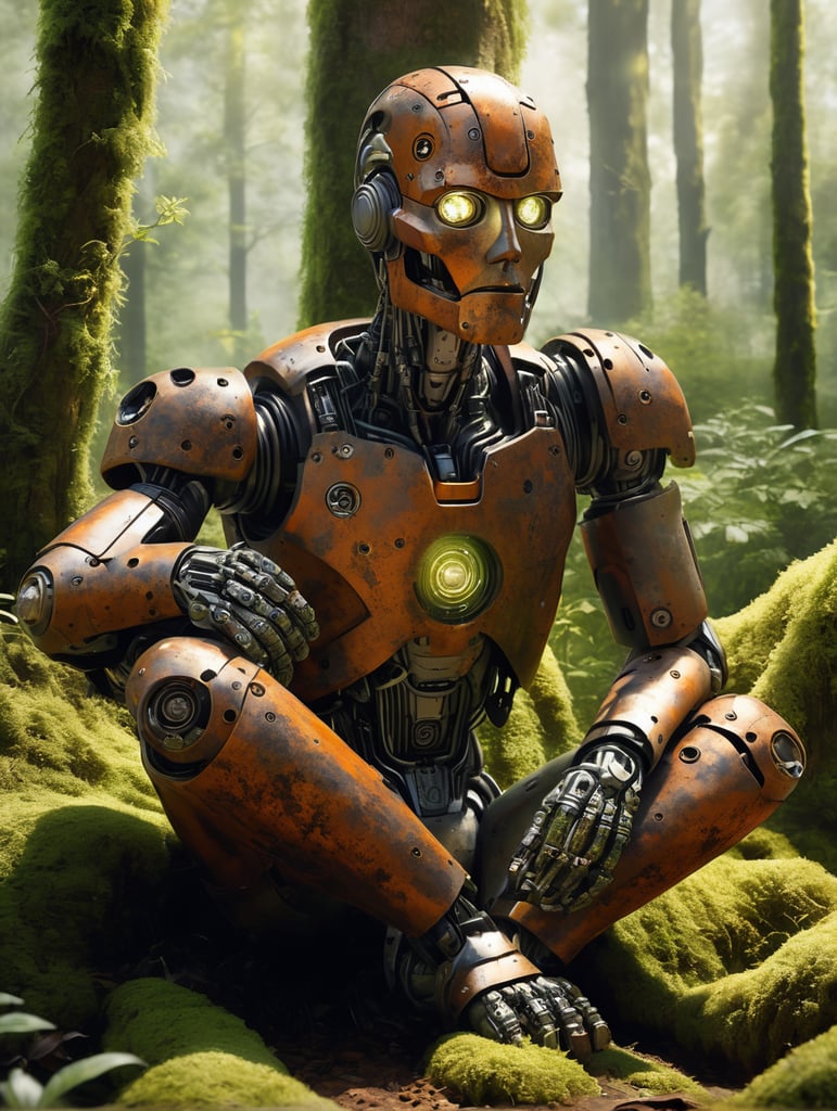 Ultra detailed illustration of a rusty cyborg sitting at the base of a tree being covered by mold grass moss and dirt, full metallic cyborg body, only human face, strong backlit, ultra realistic, in a forest, surprised, dirty, broken, whimsical, art by Mschiffer (keep realistic proportions to the whole scenery)