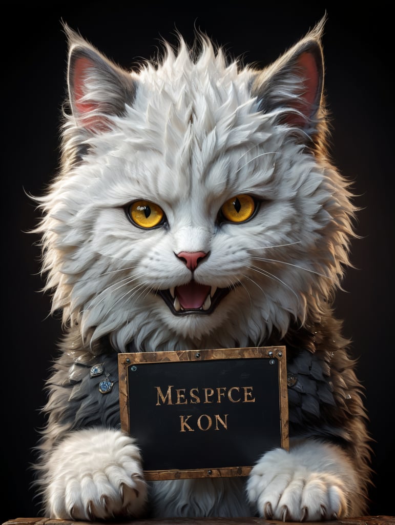 A fluffy Kitty with beautiful eyes holds up a sign