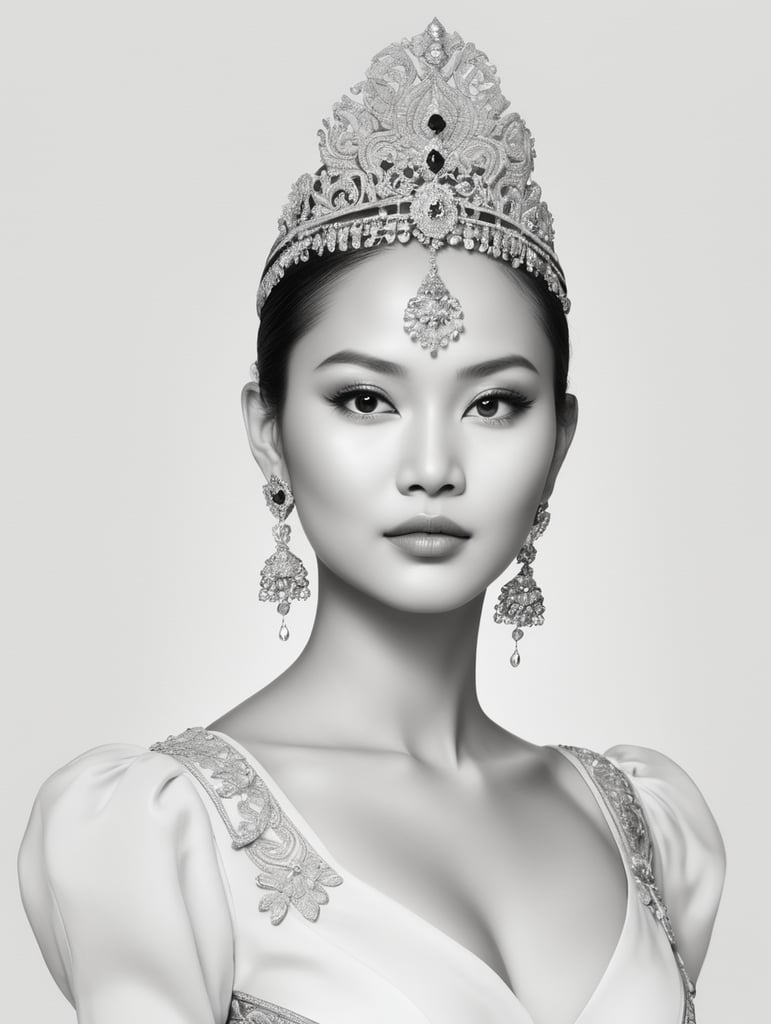 Tribhuwana Wijayatunggadewi, a princess from Majapahit, possesses an aura of regal grace and sophistication. Her countenance is a testament to the richness of Javanese beauty, with large, expressive eyes that reflect wisdom and resilience. The contours of her face are adorned with a refined nose, symbolizing nobility, and her lips carry a subtle yet confident curve, hinting at both grace and strength.