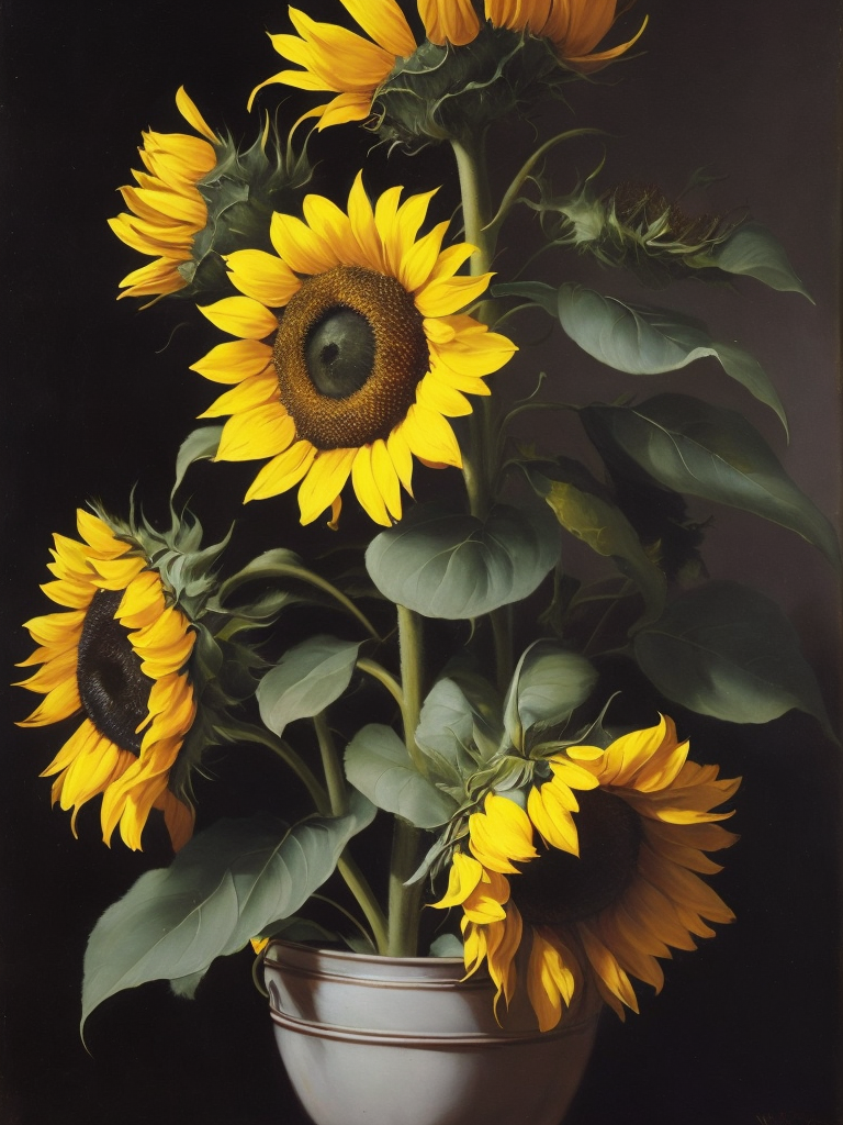 Sunflowers, moody, oil painting, by Willem van Aelst