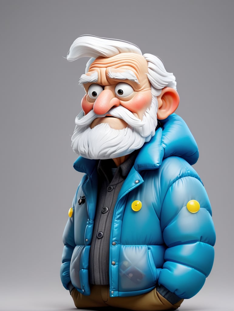 Inflatable white minimalist old man with beard puffer jacket, transparent, isolated, grey background, mockup