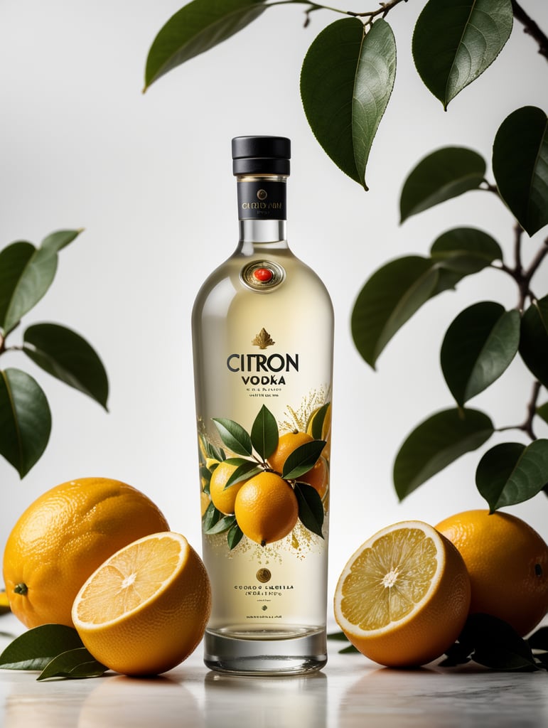 Packaging and branding for a citron vodka brand as if it had been designed by HI ESTUDIO with In a set design with citrus fruits, citrus fruits and dry citrus leaves.
