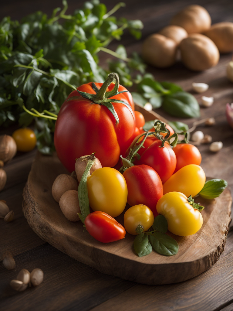 an arrangement of fresh tomatoes, peppers, potatoes and garlic freshly picked with roots soil on a rustic wooden table with greens and flowers (in the background, a stock photo, incoherents, Arcimboldo, reminiscent of a food magazine cover, professional food photography, still life, fresh produce, healthy eating colorful arrangement,artistic reference composition masterful techniques arcimboldo inspired, natural lighting with soft shadows and dappled light