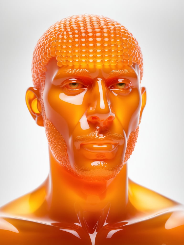 Portrait of a Translucent orange man made from the orange fruit, organs are visible through the jelly, isolated black background