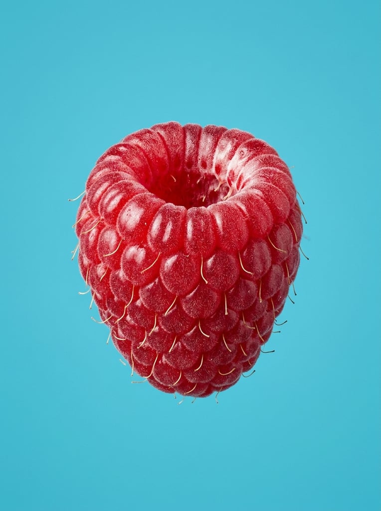 A single ripe crimson raspberry floats centrally against a flat, vibrant cyan-blue background. Macro photography highlights the intricate texture of the plump drupelets, revealing tiny pale golden hairs sprouting from the bumpy surface and a hollow, whitish interior at the top. Bright studio lighting creates glossy highlights across the juicy red exterior, emphasizing the stark complementary color contrast between the detailed fruit and the solid minimalist backdrop.