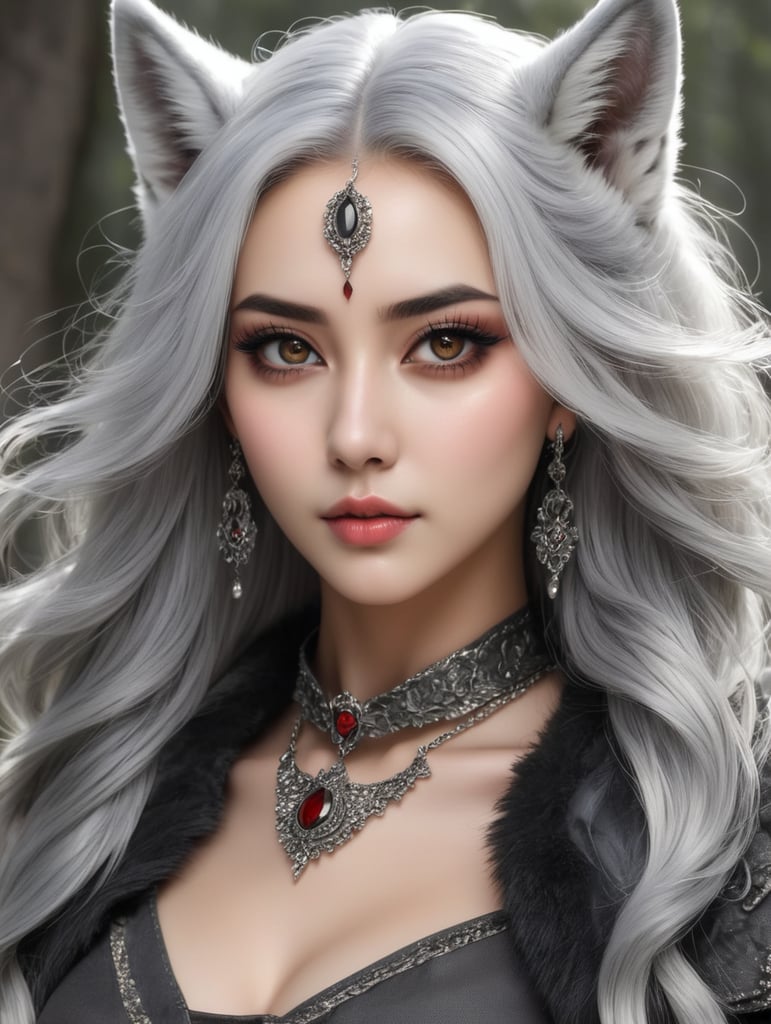 Loona is a hellhound with a wolf-like appearance, She has a pointed, dog-like muzzle with sharp and pointy teeth, and a dark grey nose, Her eyes have red sclera with white irises, and she wears grey eye shadow and black winged eyeliner for makeup, She also has a piercing on her right eyebrow with a black hoop for jewelry, Her fur is white with grey countershading encircling her face, grey patches on her shoulders, and long, voluminous silver hair swept to the side to reveal her dark grey ears - the left of which is pierced with two small, black hoop earrings, while the right is ragged, She has a large, dark grey bushy tail with white on the underside.