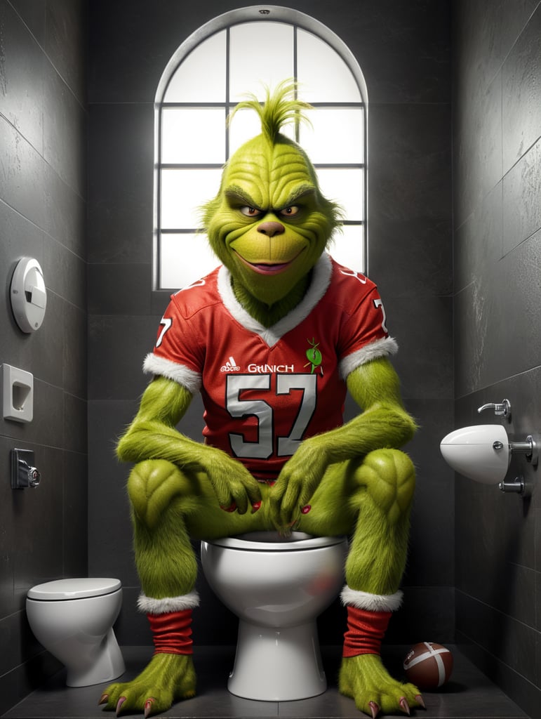 The Grinch wearing a football jersey, he has an evil grin and he is sitting on a toilet bowl in the shape of a football helmet